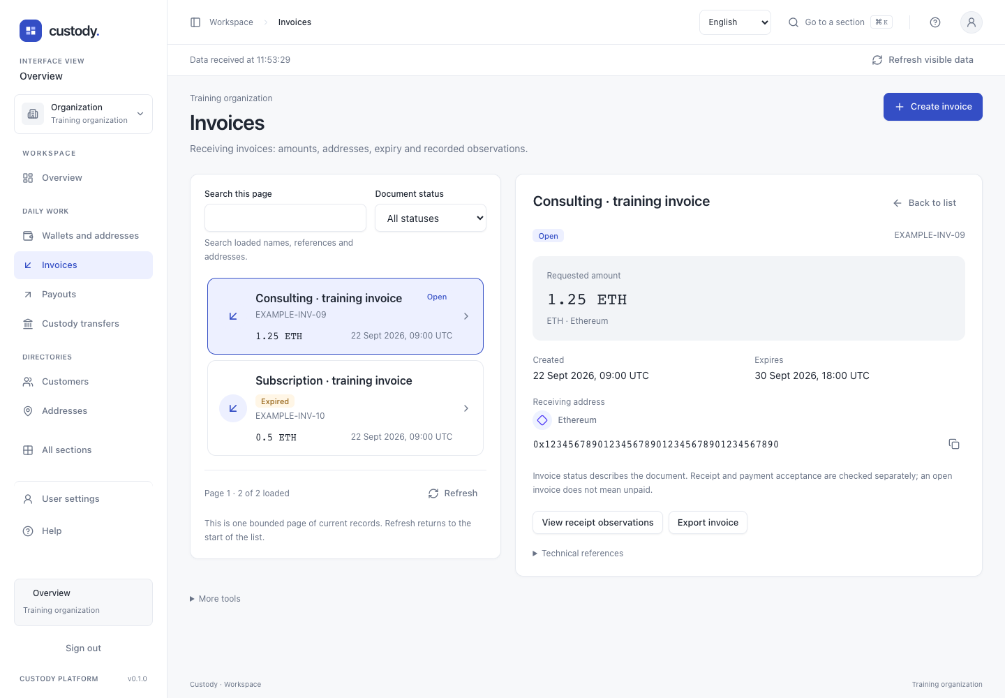 Invoices — Actual interface captured with fictional training data. This is not a user account or evidence of a real payment.